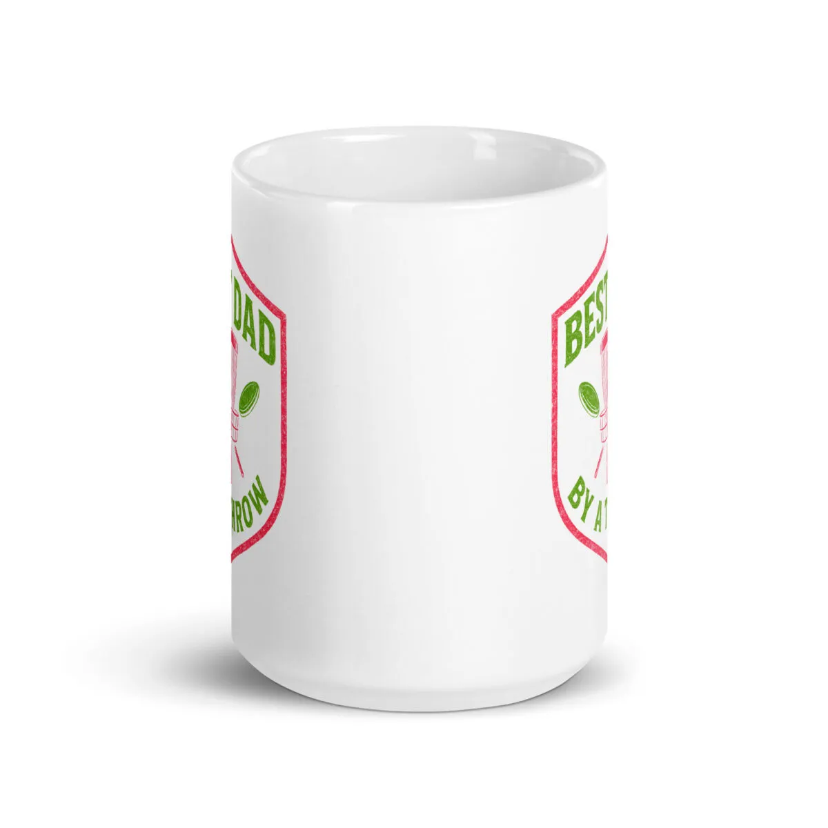 White mug with gardening-themed graphic design