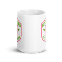 White mug with gardening-themed graphic design