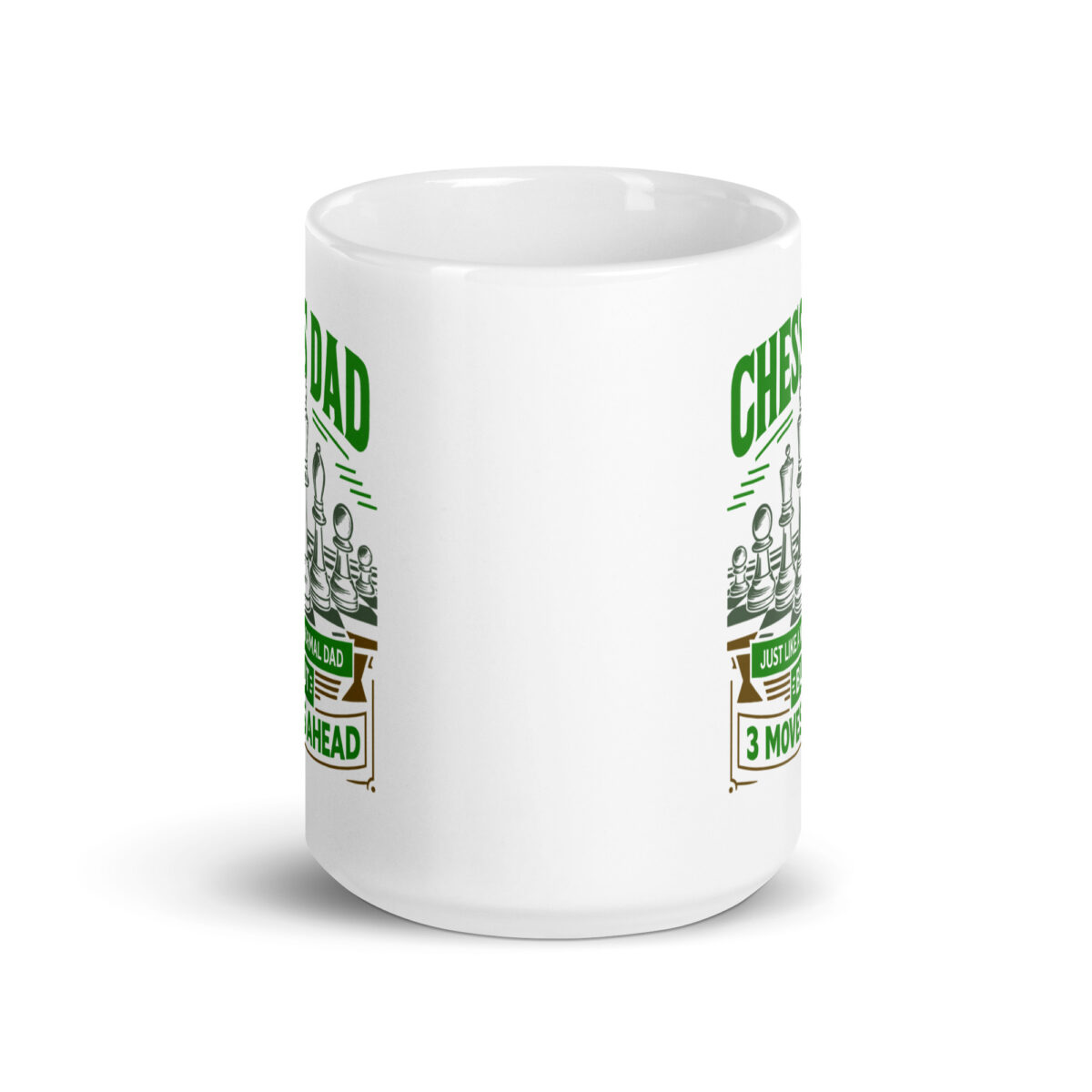 White mug with chess-themed design and text.