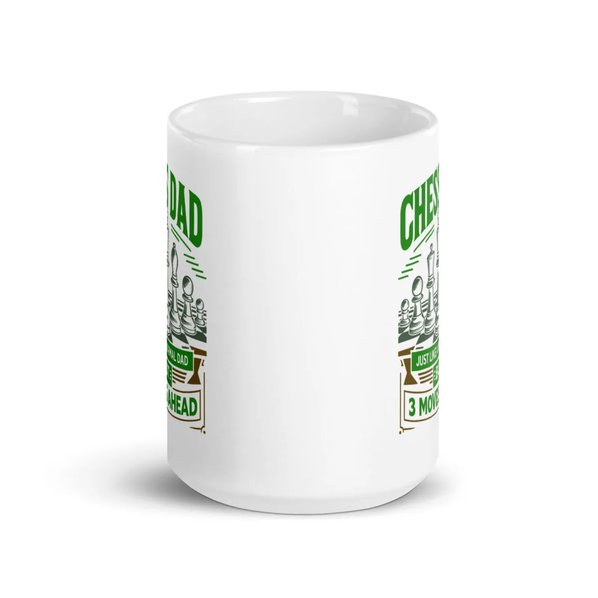 White mug with chess-themed design and text.