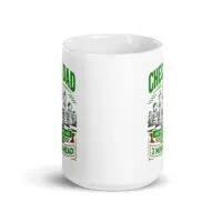 White mug with chess-themed design and text.