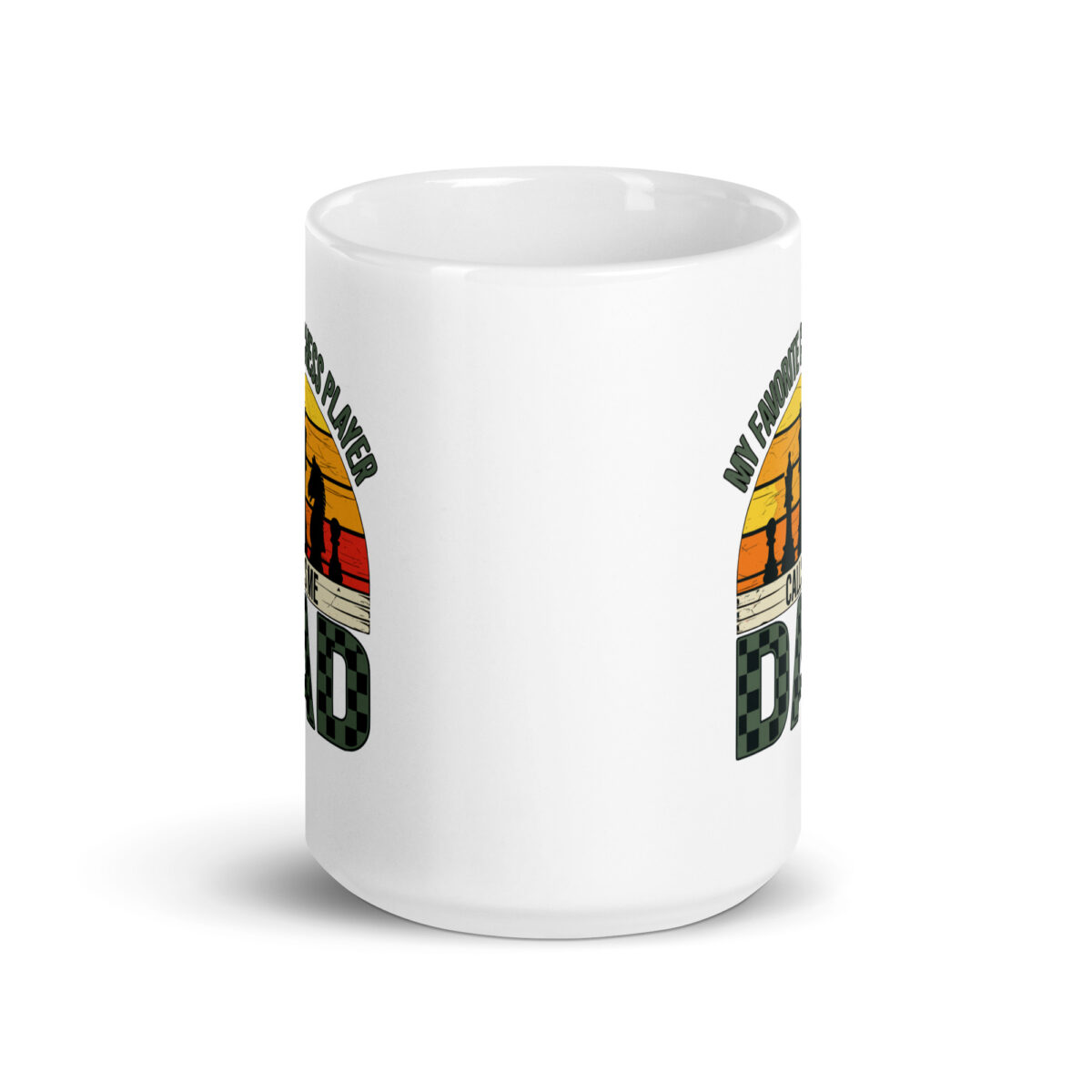 White mug with chess-themed dad design