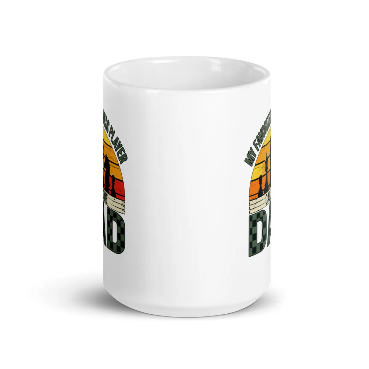 White mug with chess-themed dad design