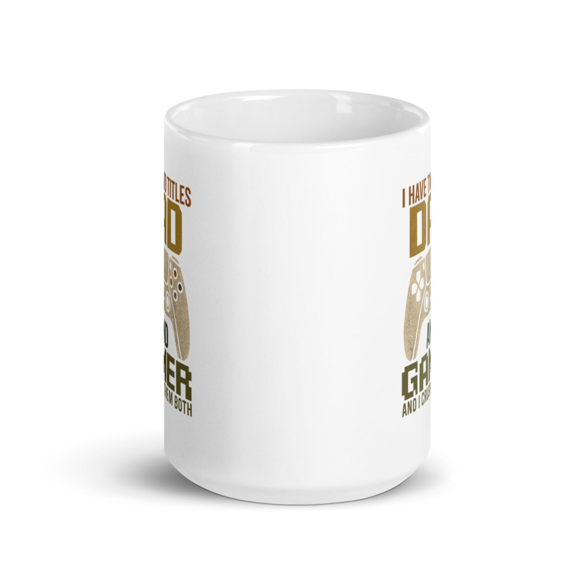 White mug with gamer controller graphic.