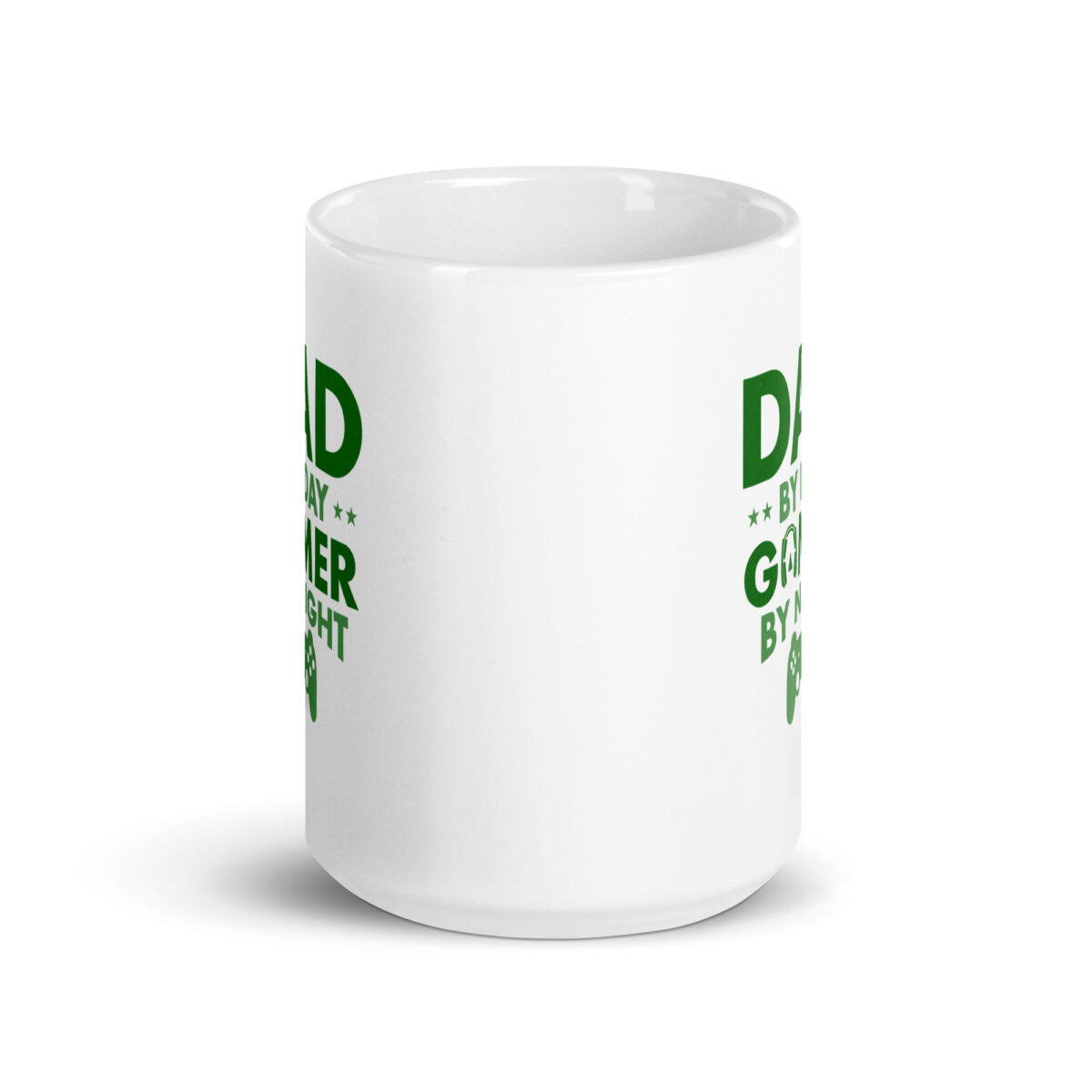 White mug with dad gamer text design.
