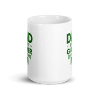 White mug with dad gamer text design.