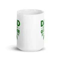 White mug with dad gamer text design.