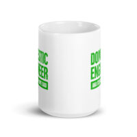 White mug with 'Domestic Engineer' text in green.