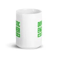 White mug with 'Domestic Engineer' text in green.