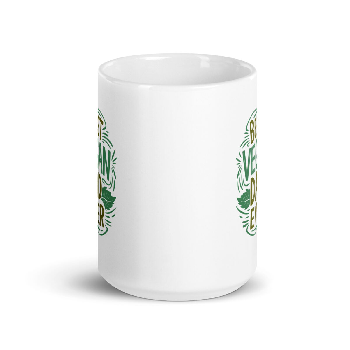 White mug with vegan design and slogan.