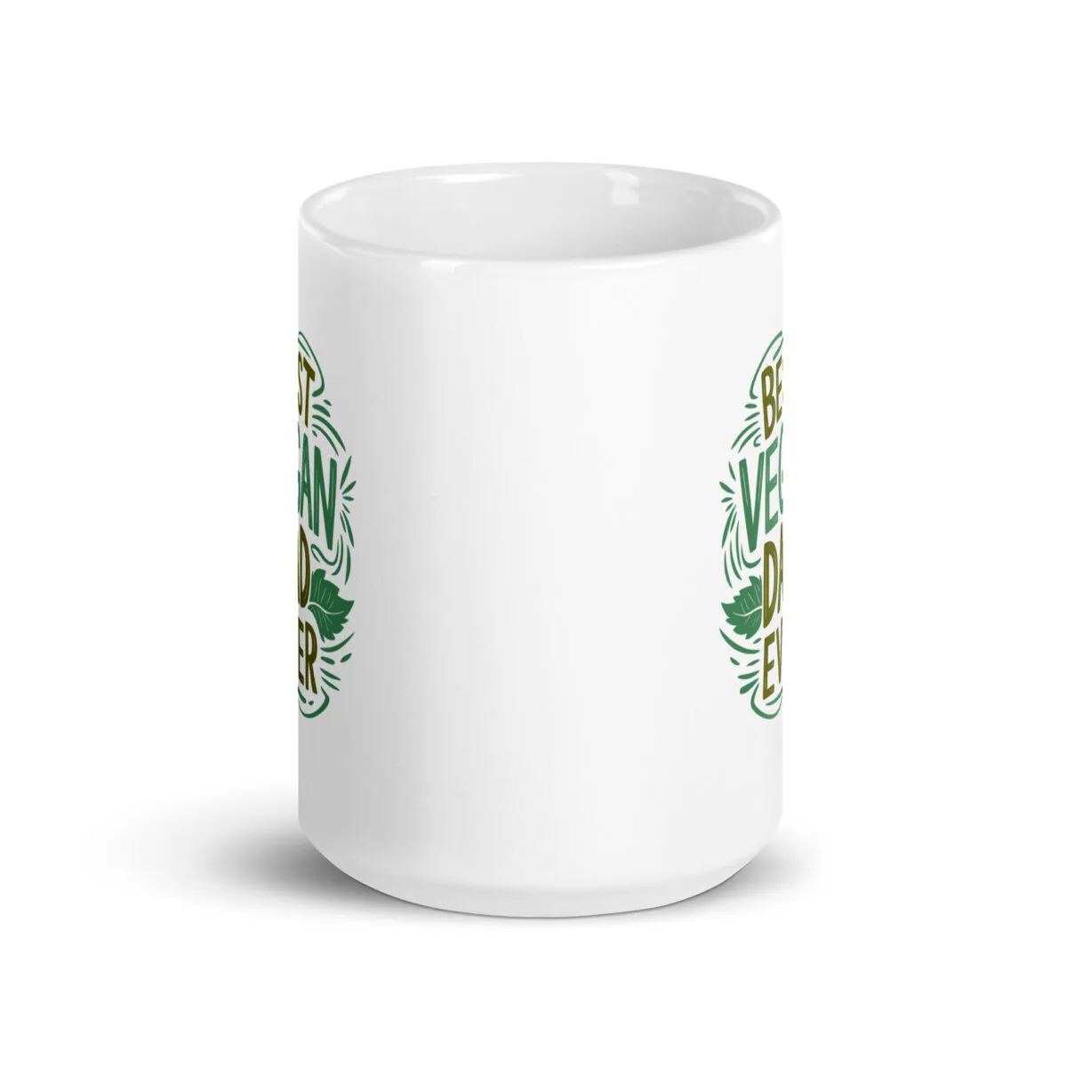 White mug with vegan design and slogan.