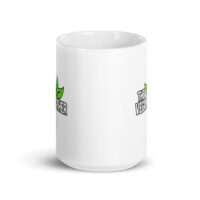 White mug with green leaf design