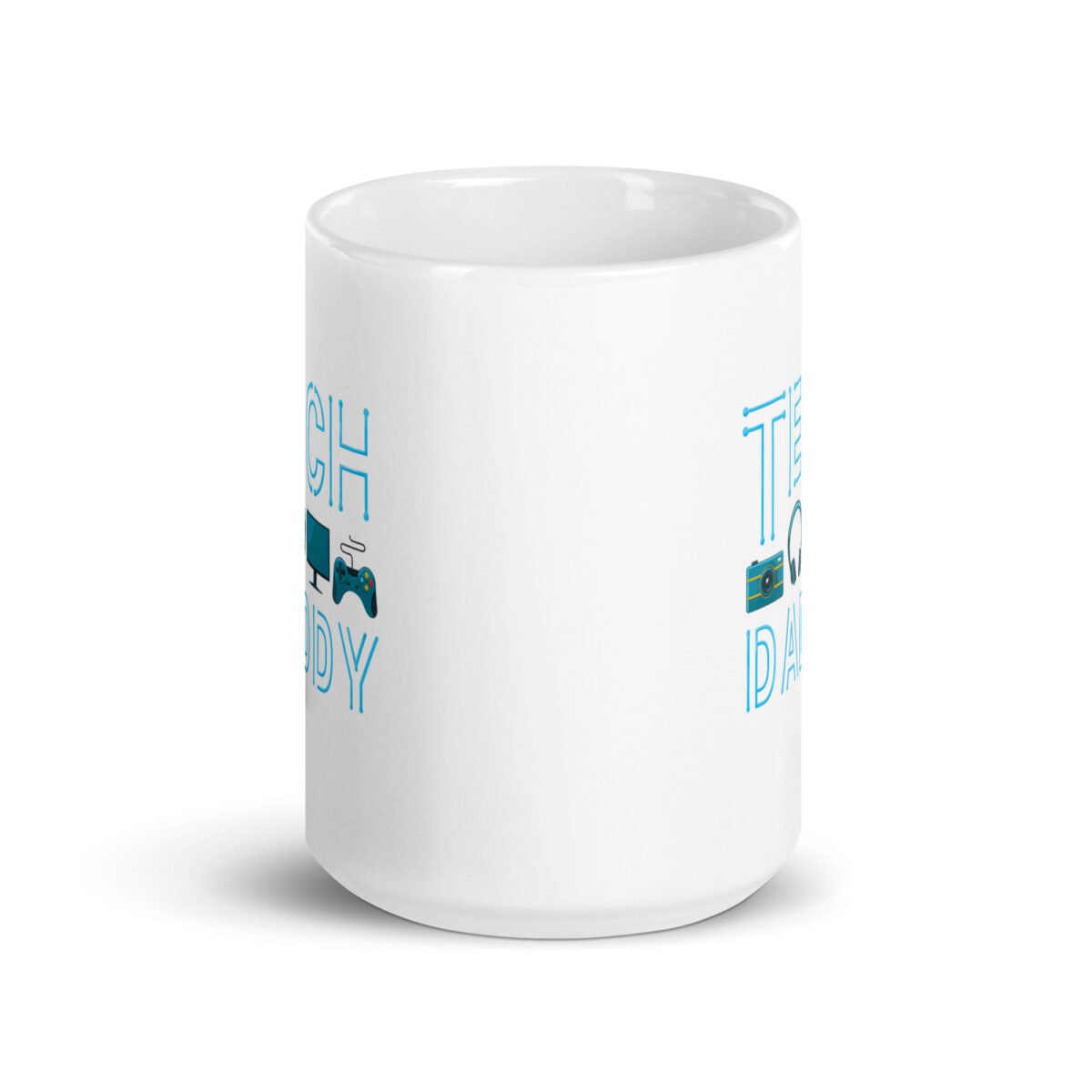 White mug with tech-themed design