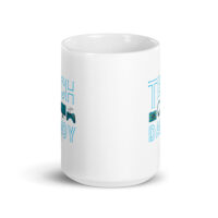 White mug with tech-themed design