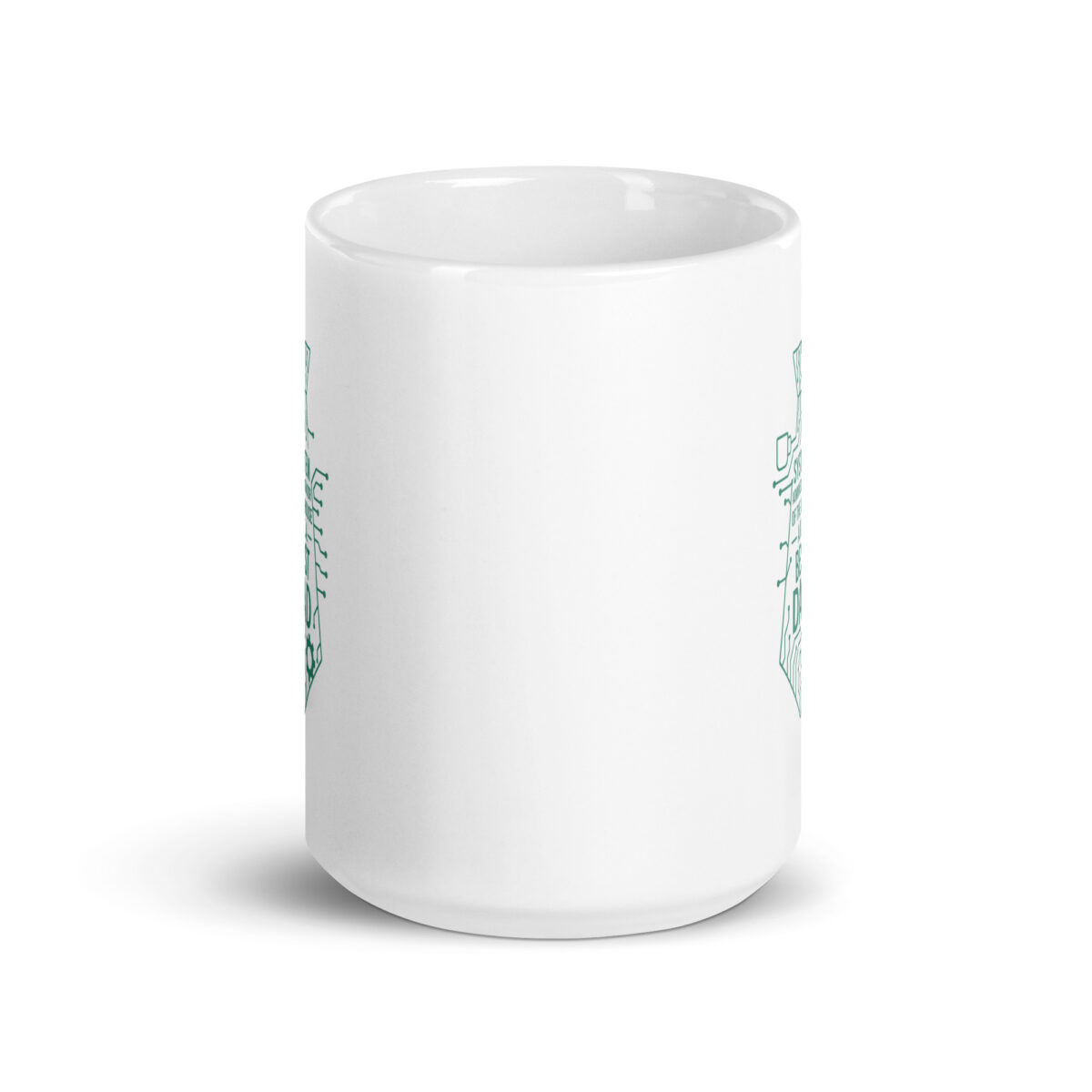 White mug with green geometric design