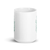 White mug with green geometric design