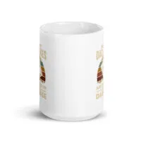 White mug with humorous dad joke graphics.