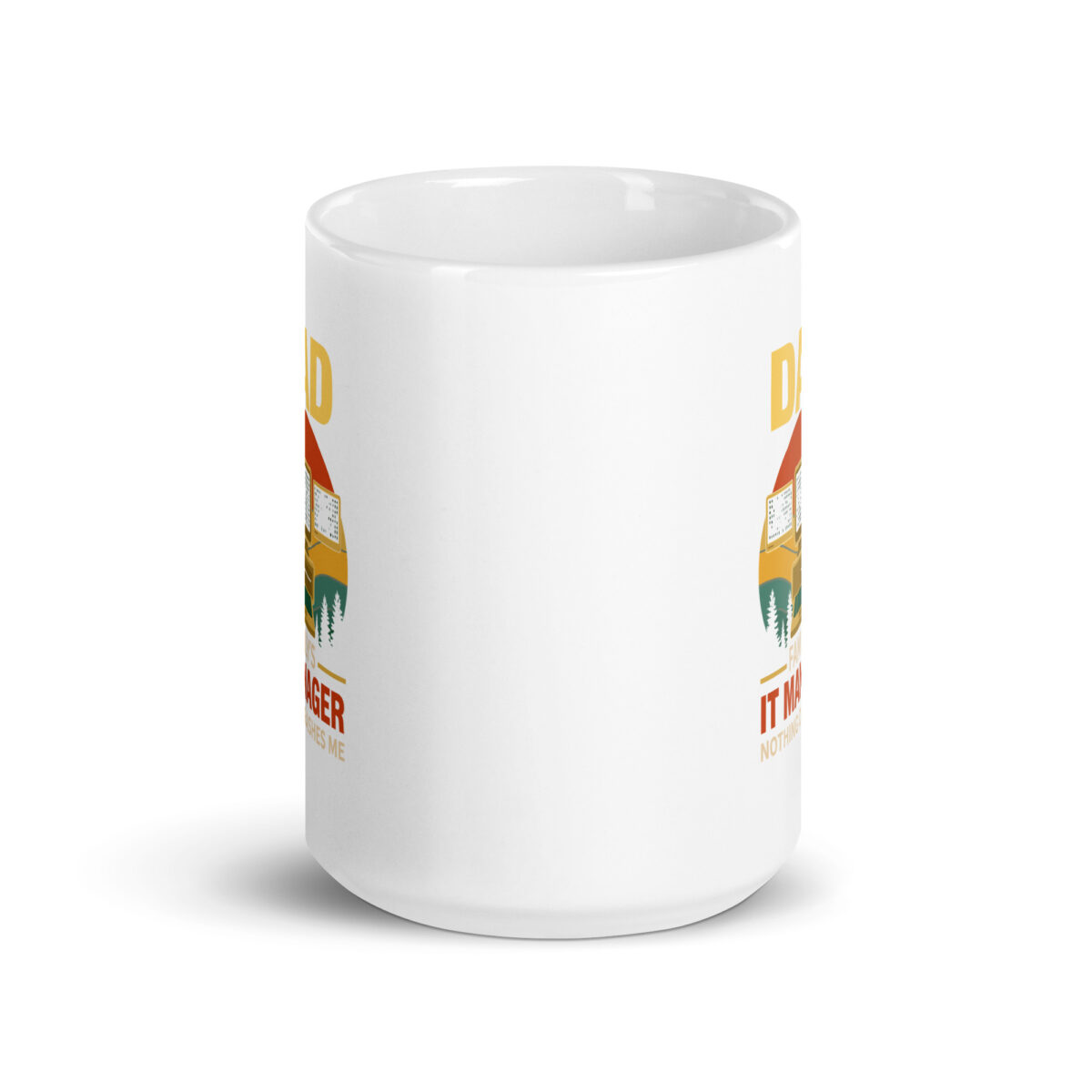 White mug with outdoors-themed print design.