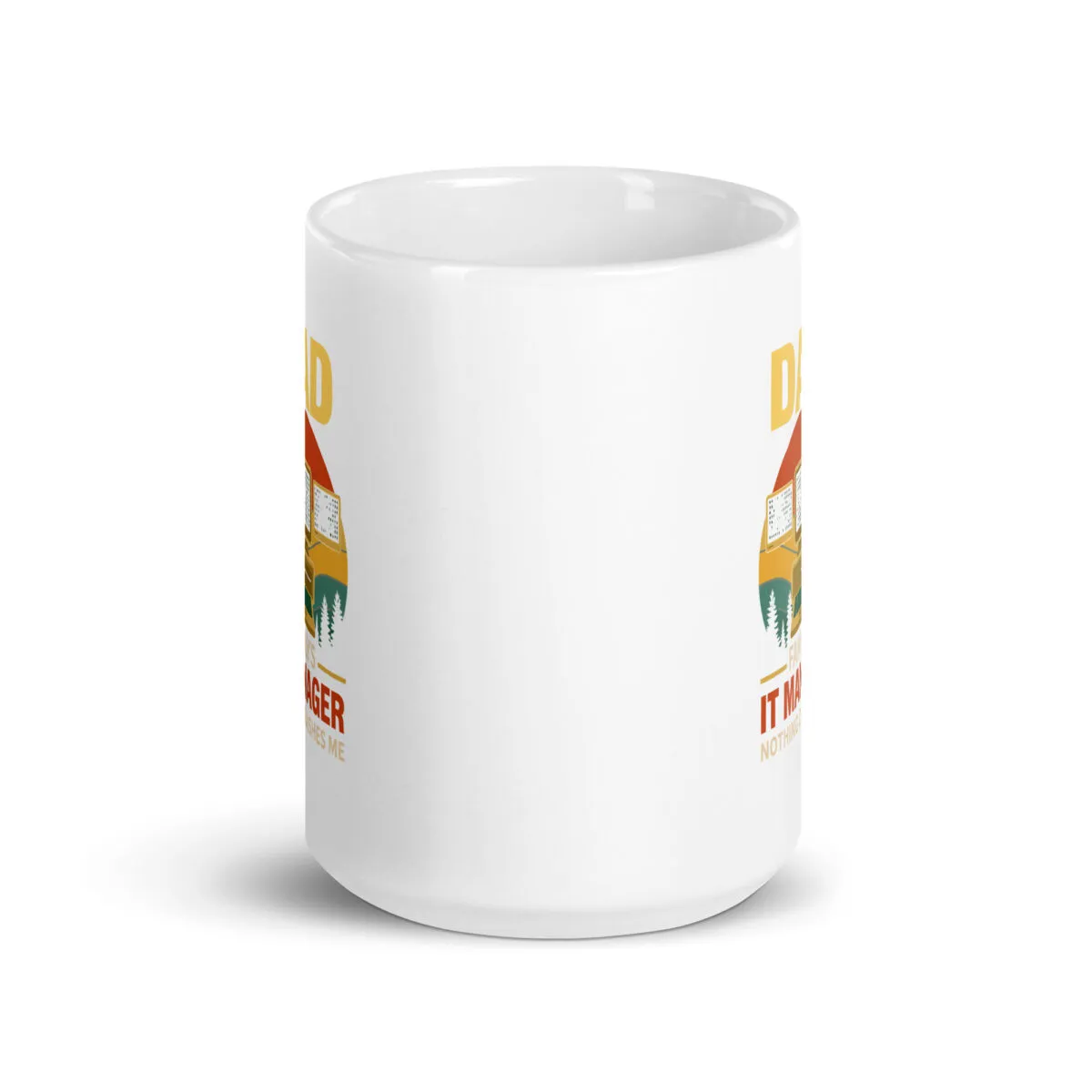 White mug with outdoors-themed print design.