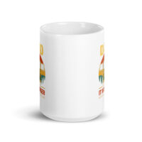White mug with outdoors-themed print design.