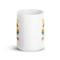White mug with outdoors-themed print design.