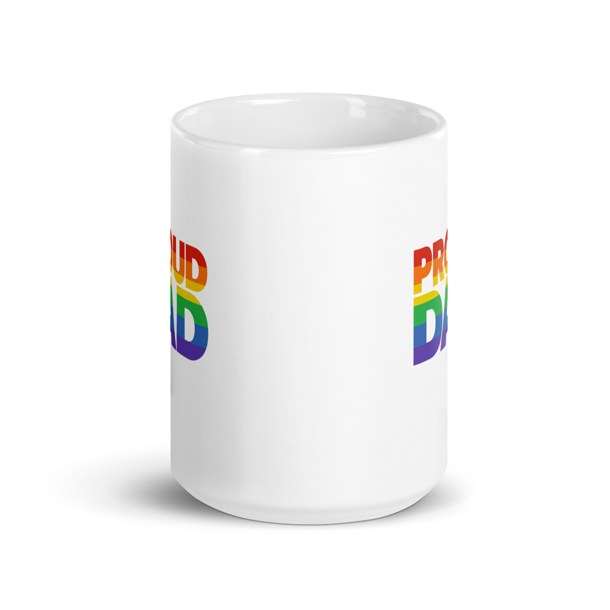 white-glossy-mug-white-15-oz-front-view-68f732c28baf8.jpg White mug with rainbow 'Proud Dad' text