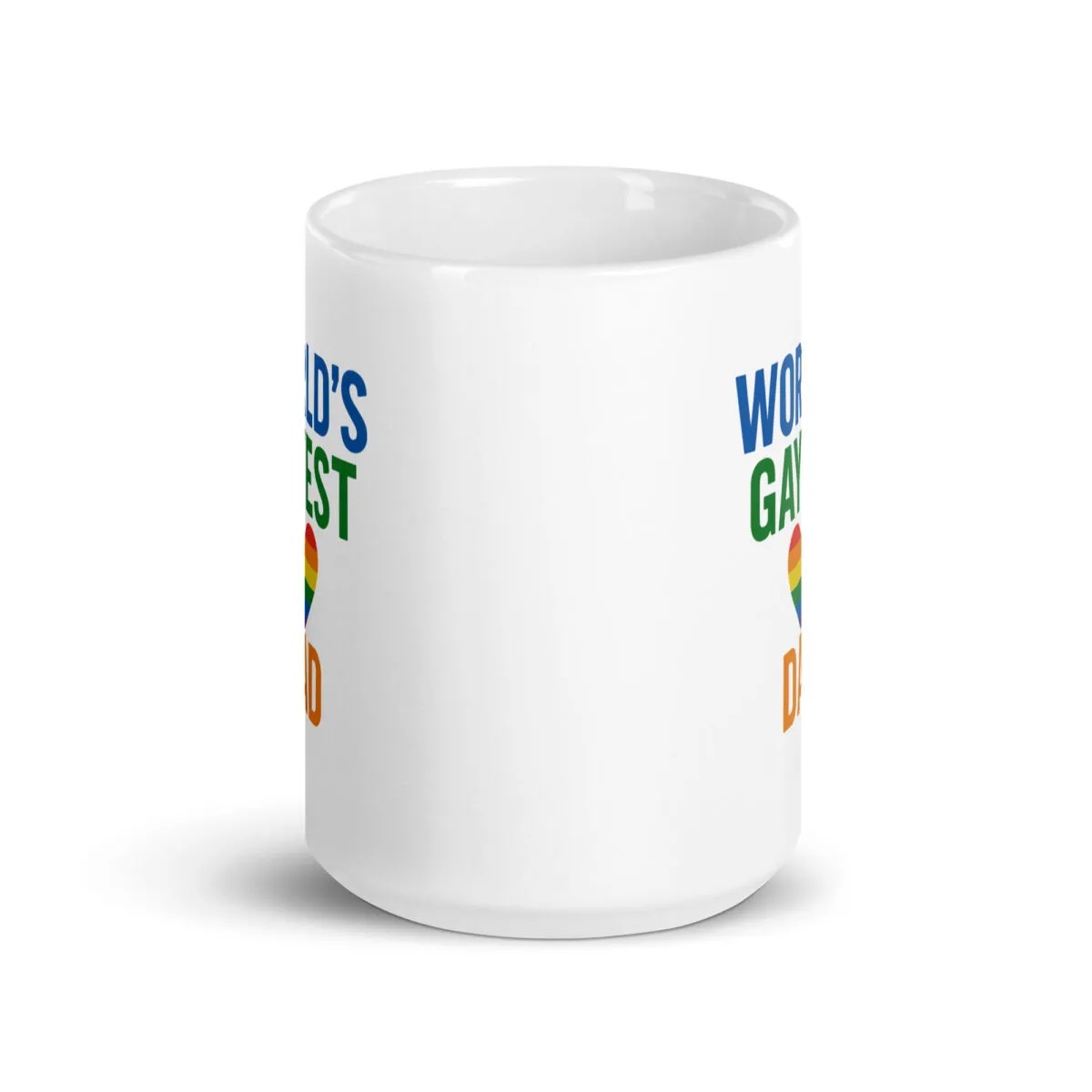 Mug with rainbow heart design and text.