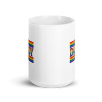 White mug with rainbow trim saying 'Daddy'