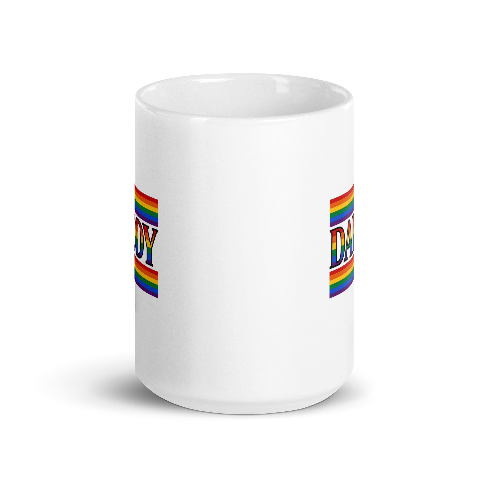 white-glossy-mug-white-15-oz-front-view-68f73828c859b.jpg White mug with rainbow trim saying 'Daddy'