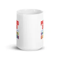 Pride-themed mug with rainbow text design