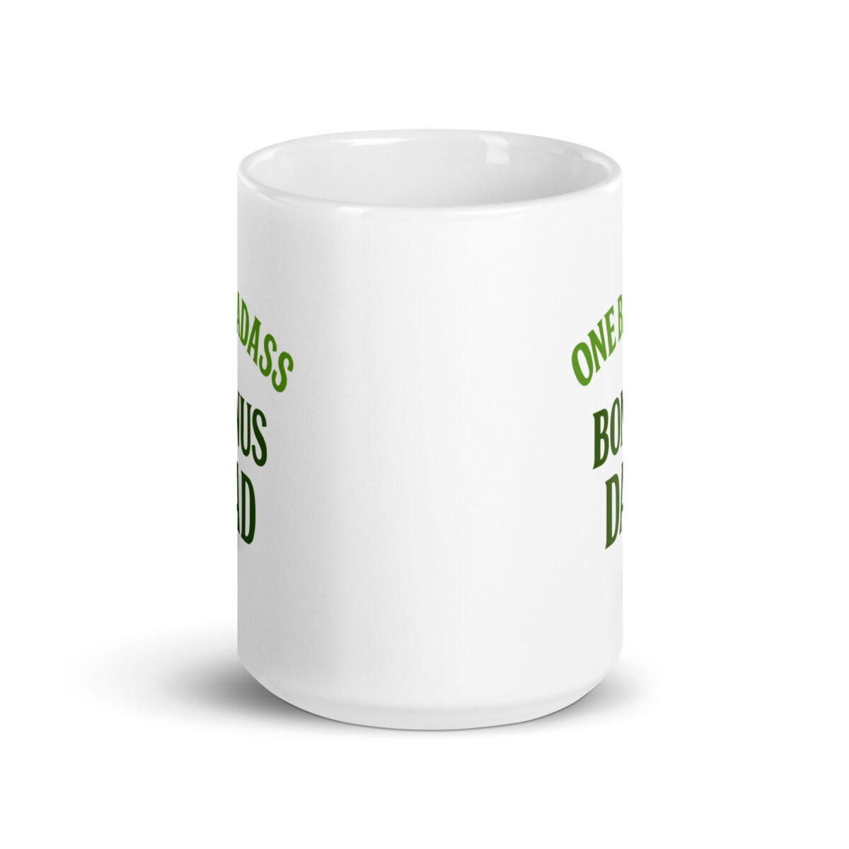 White mug with green text design