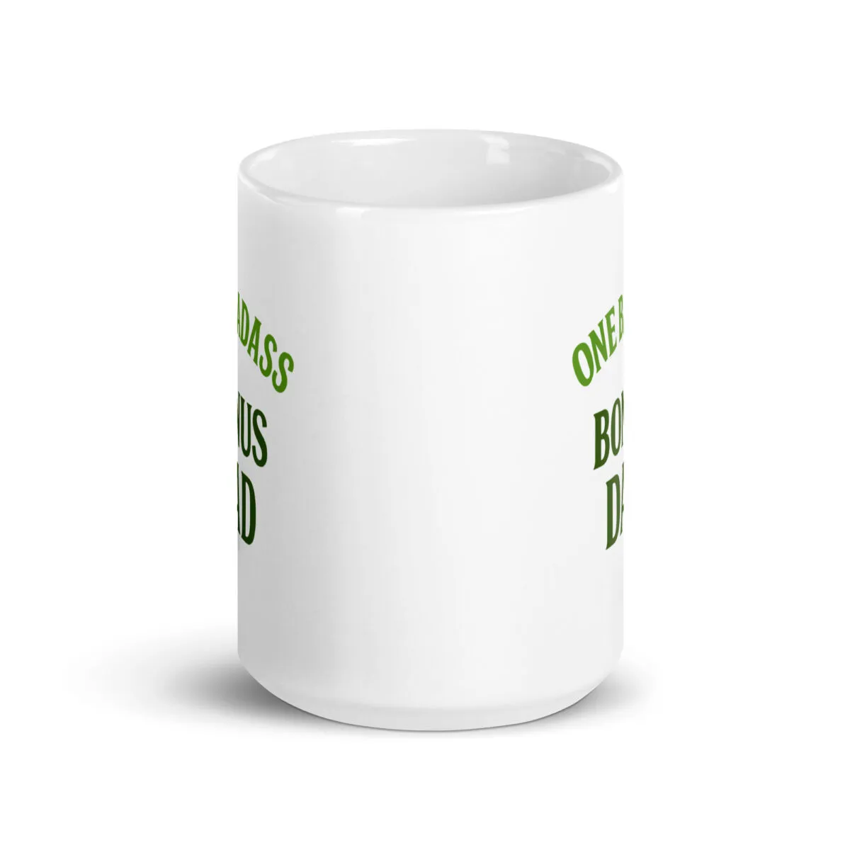 White mug with green text design
