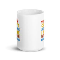 White mug with colorful text design.