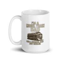 White mug with model train dad design.