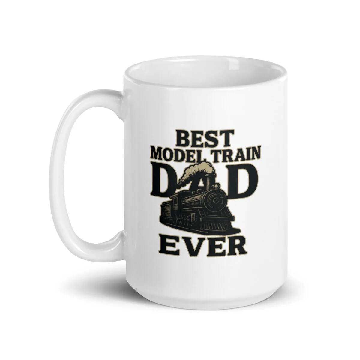 White mug with 'Best Model Train Dad' design.