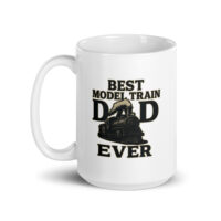 White mug with 'Best Model Train Dad' design.