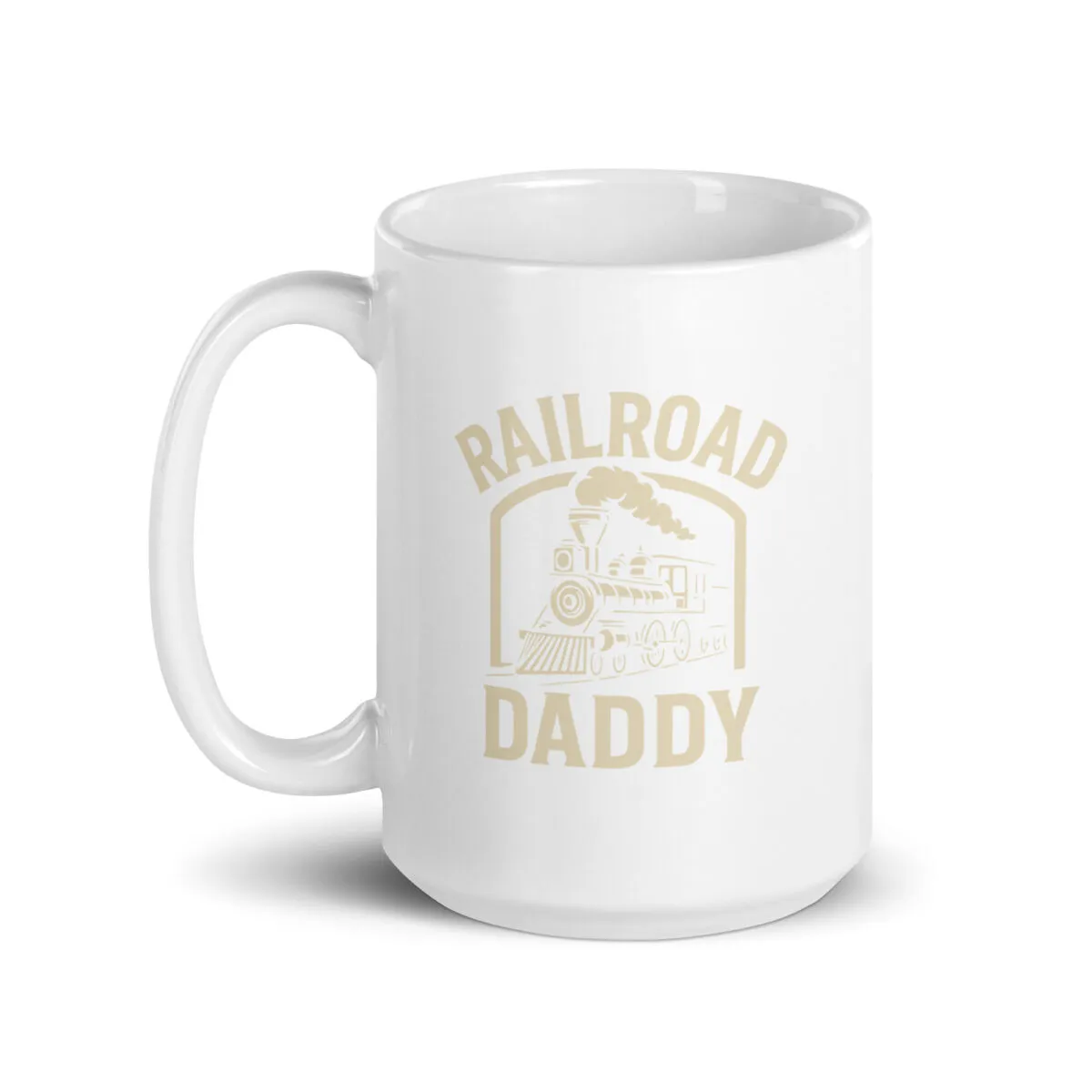 White mug with 'Railroad Daddy' train design