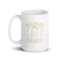 White mug with 'Railroad Daddy' train design