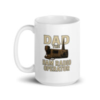 White mug with ham radio operator design.