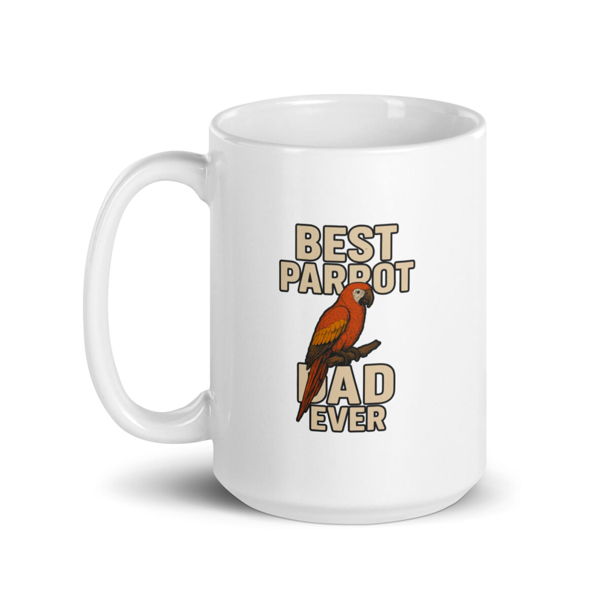 White mug with 'Best Parrot Dad Ever' design.