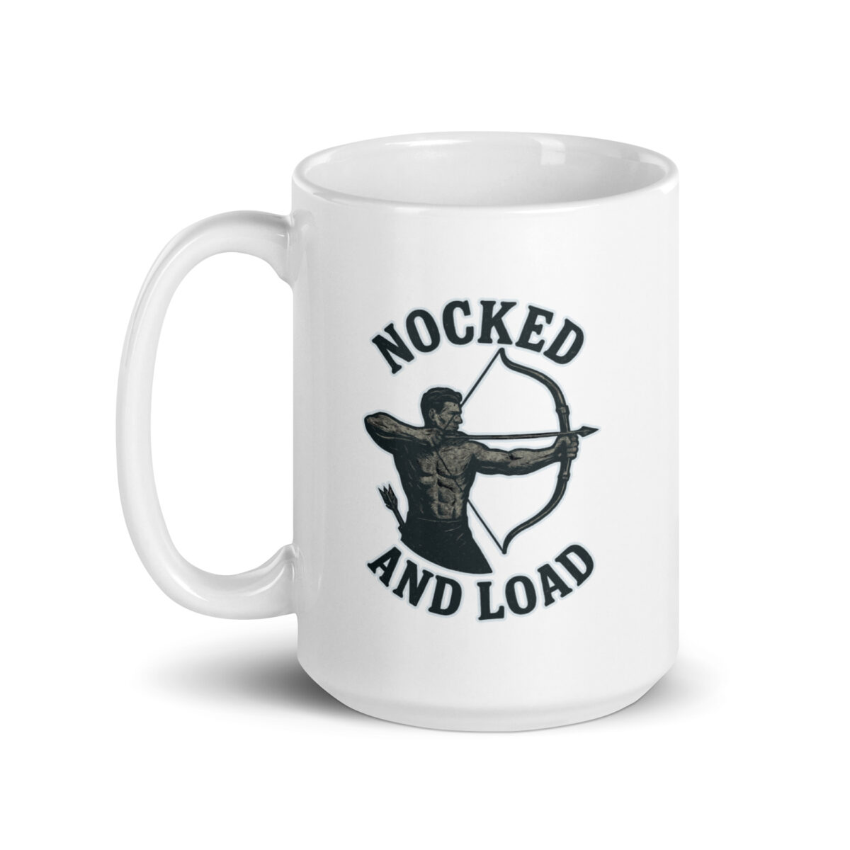 White mug with archer graphic and text.