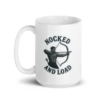 White mug with archer graphic and text.