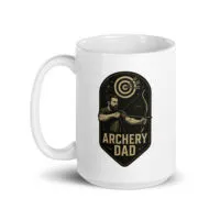 Archery Dad coffee mug with bow and target design.