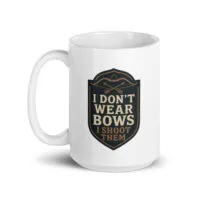 Mug with archery-themed design and text.