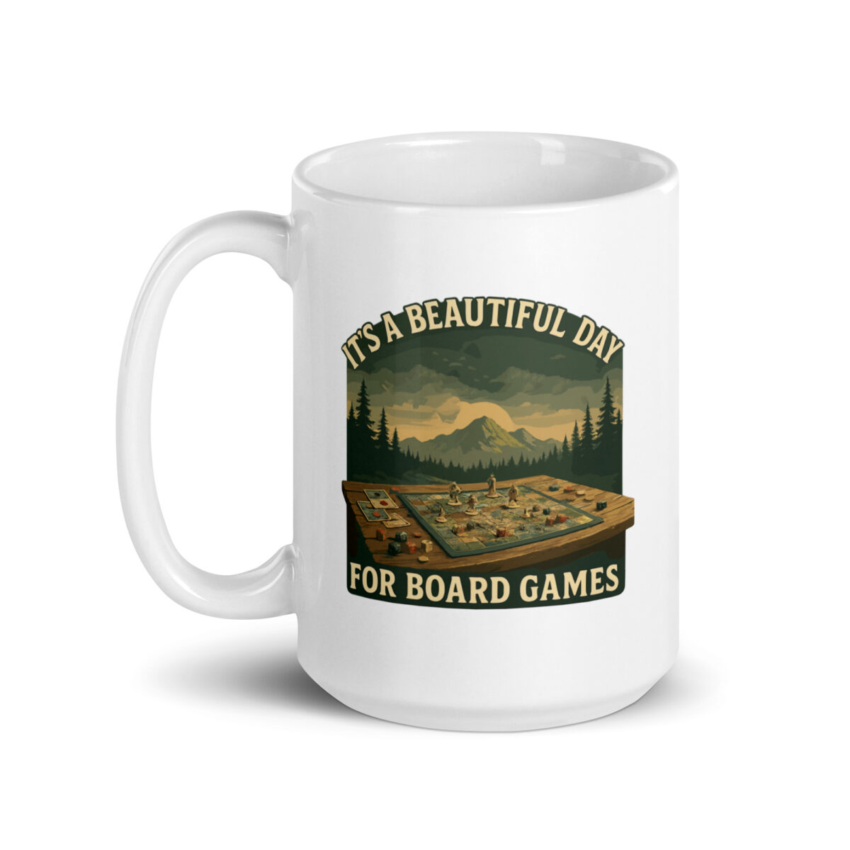 Mug with board game design and mountains.