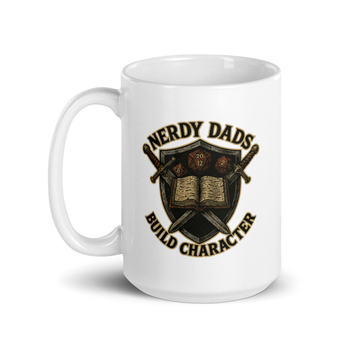 Nerdy dads mug, swords and dice design.