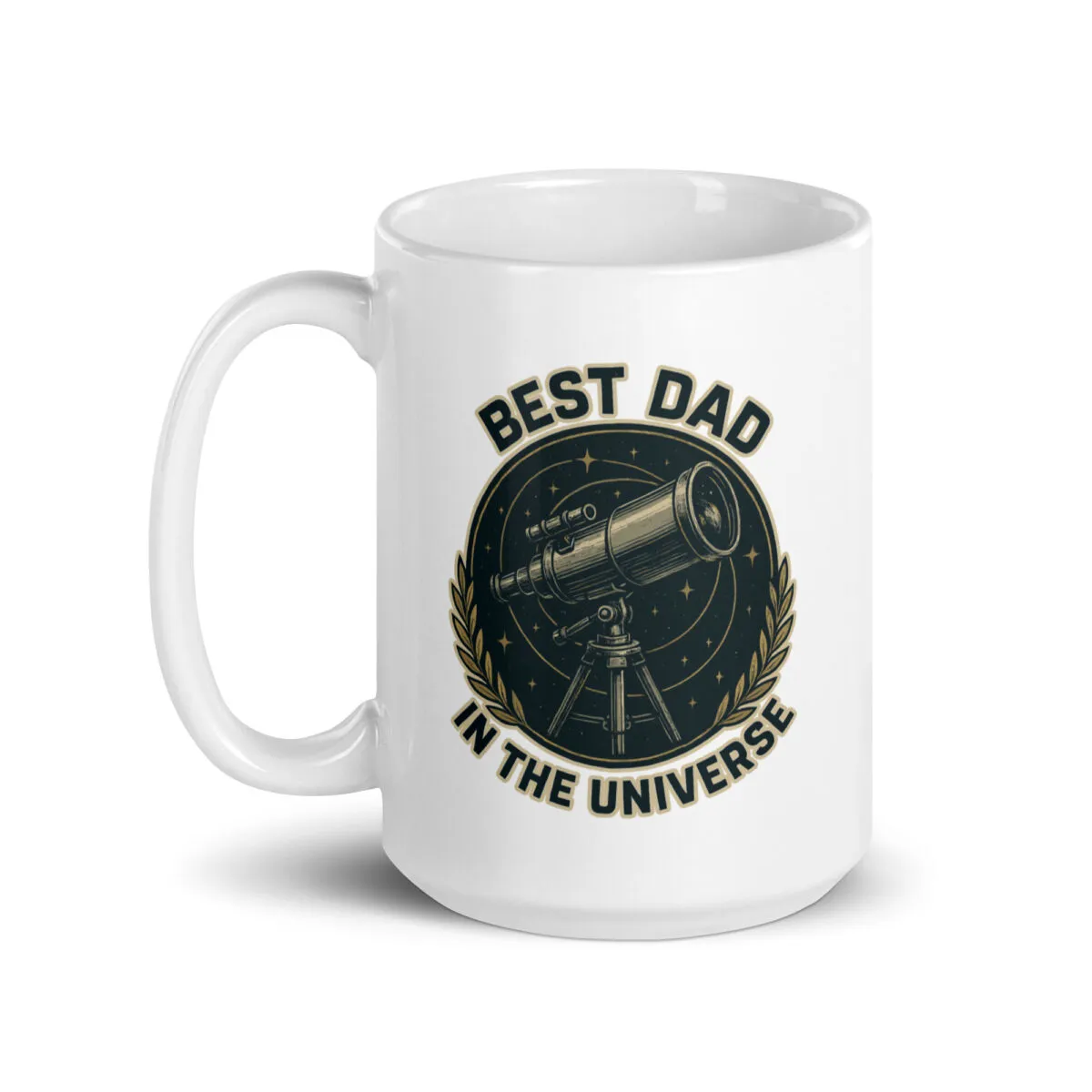 White mug with best dad universe design.
