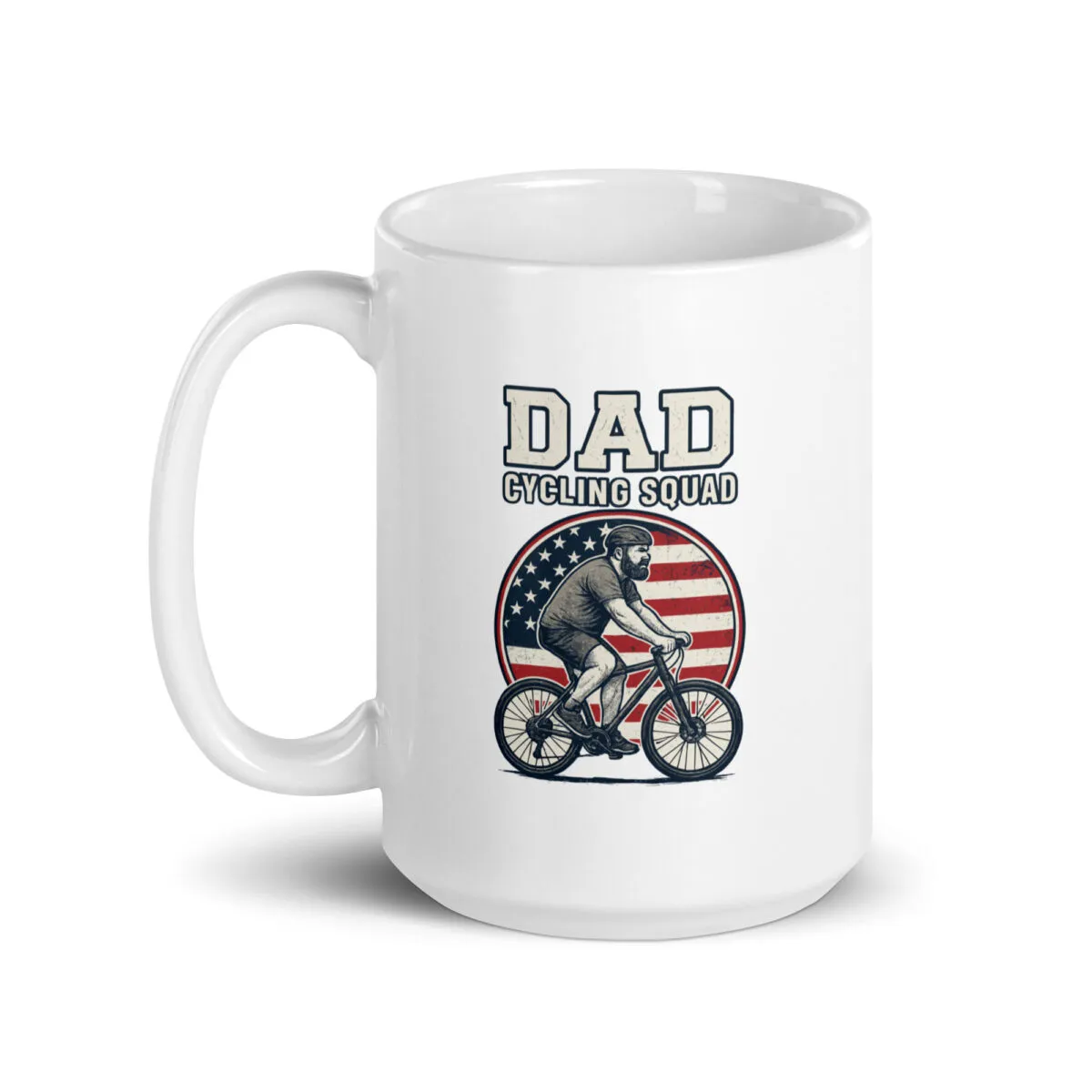 Dad Cycling Squad mug with cyclist graphic.