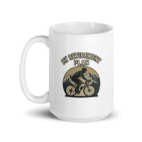 Cycling-themed retirement plan mug with mountains