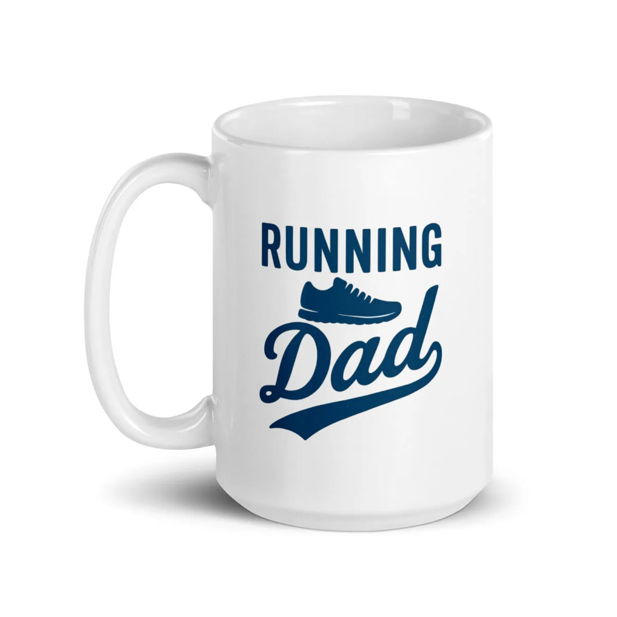 White mug with 'Running Dad' design.